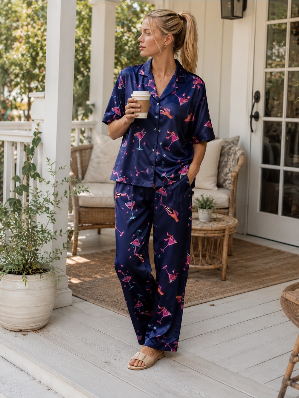 Women's Navy Satin Pajama Set with Cocktail Design